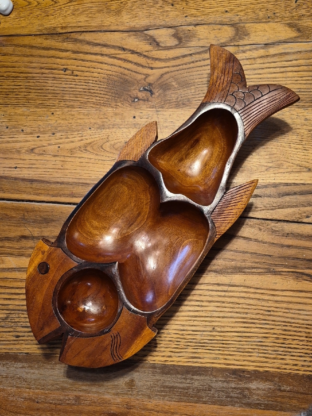 MCM Hand-Carved Wooden Fish Serving Tray - Warm Brown